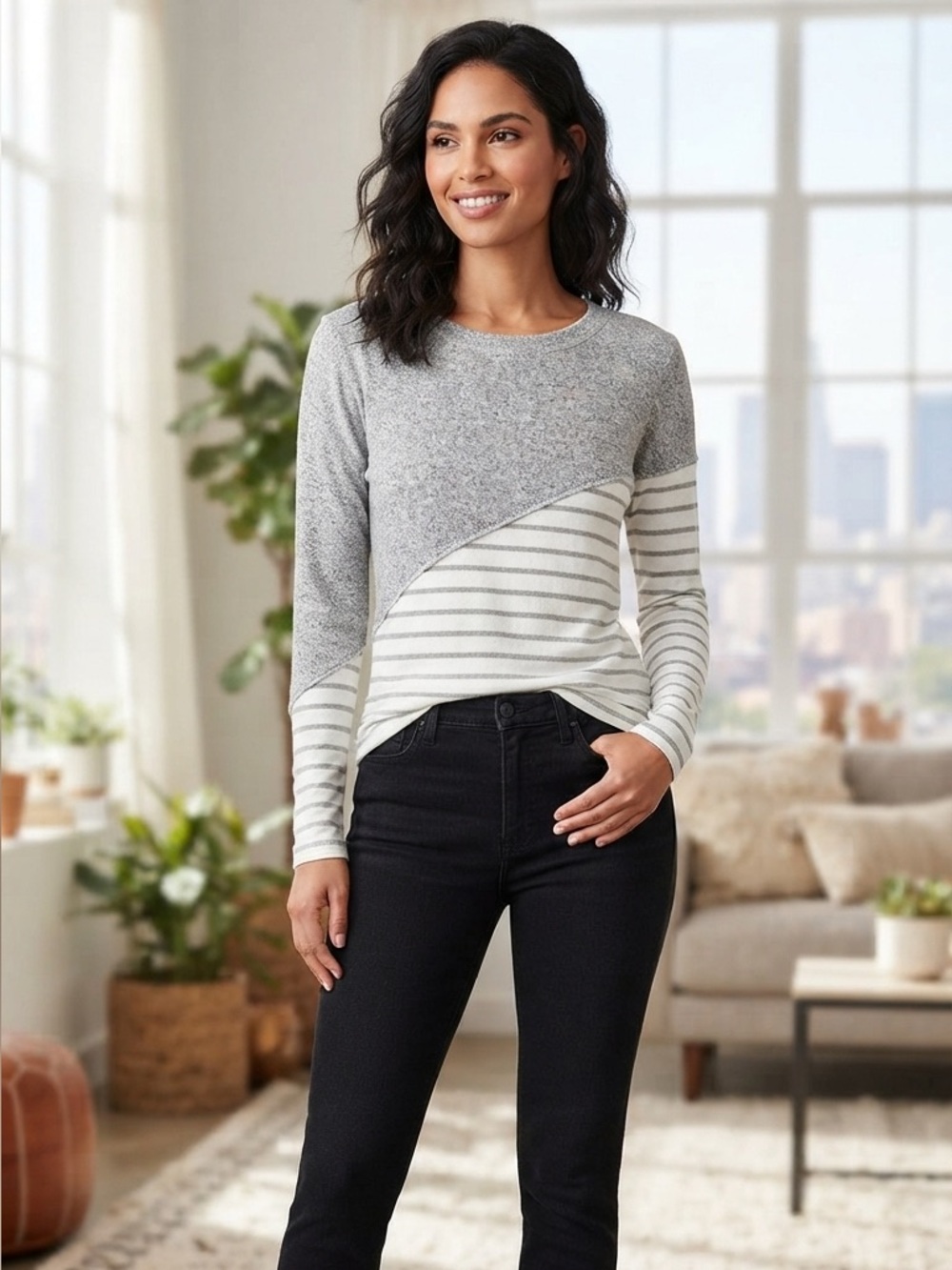 Vanilla Bay Gray and Cream Diagonal Striped Crew Sweater